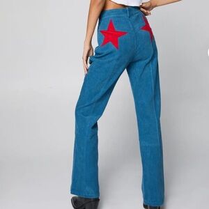 Nasty Gal Women 8 Blue Retro High Waist Corduroy Star Bum Flare Pants NWT
